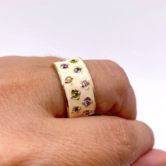Sterling Silver Gold Vermeil Enamel Wide Band Ring With CZ Crystals - Picture 5 of 6